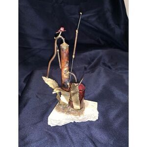 COPPER WATER PUMP & BUCKET Metal  SCULPTURE On Travertine‎ Stone